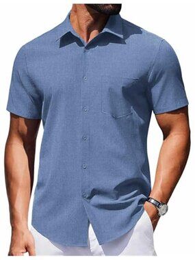 Mens Wrinkle Free Short Sleeve Button Down Shirt Casual Summer Dress Shirts Blue